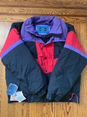 Vintage 90s Down Ski Jacket Mens Colorblock Puffer Black Red Purple Size L